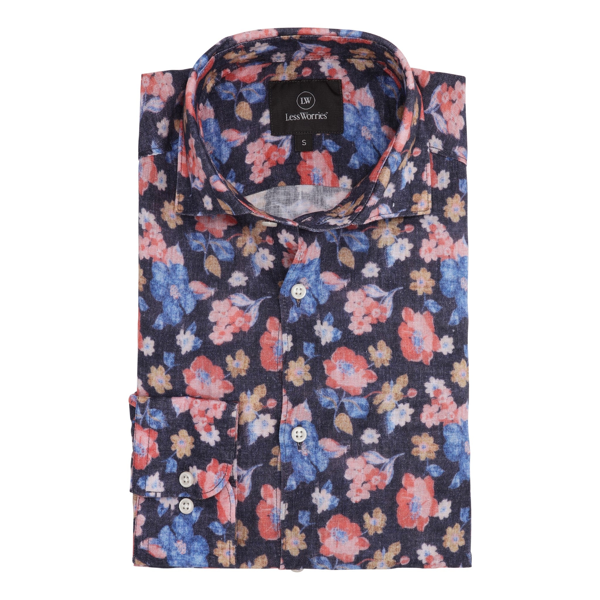 Mörkblå Blommönstrad Premium Linneskjorta 