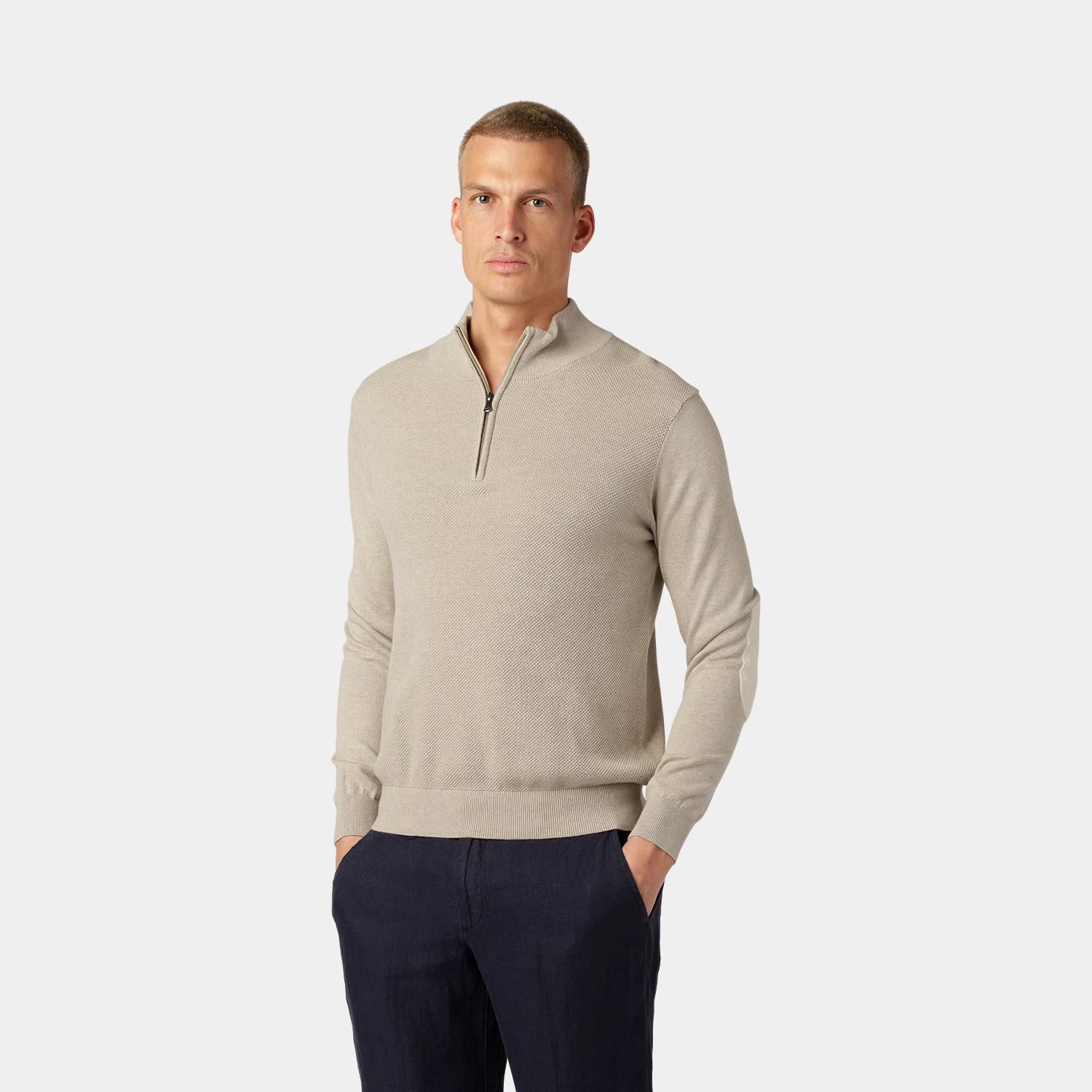 Beige Slätstickad Half-Zip Tröja