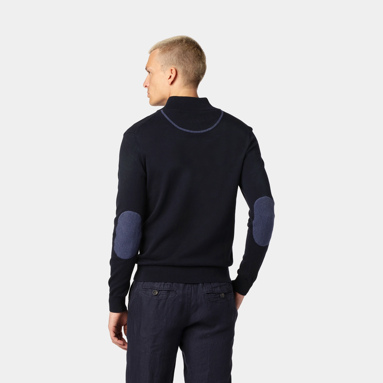 Marinblå Slätstickad Half-Zip Tröja