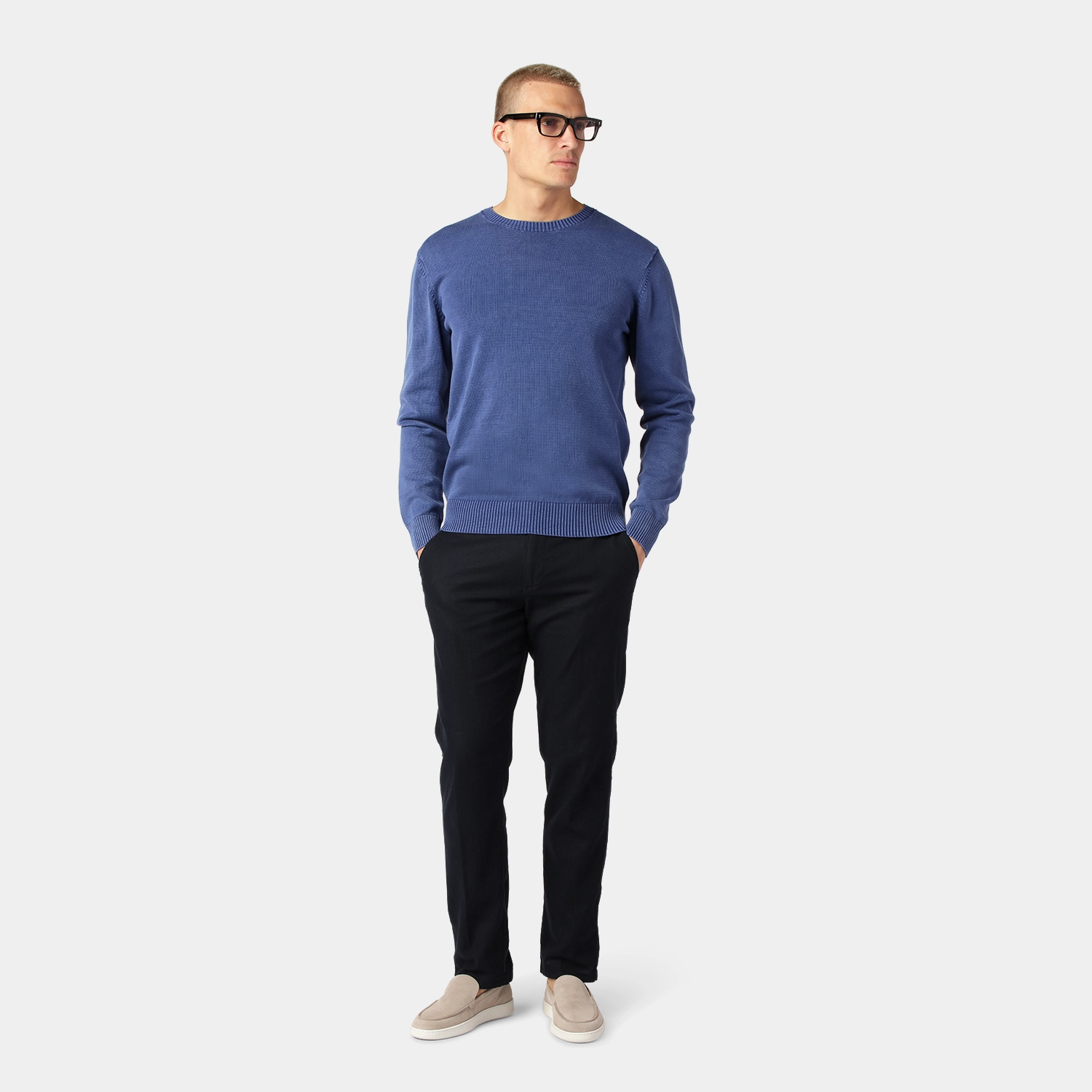 Denim Blue Cotton Crewneck Sweater