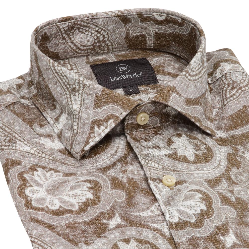 Closeup of our brown linen shirt with paisley pattern.