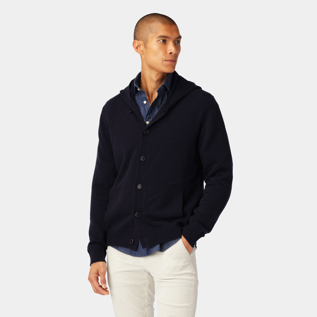 Navy cardigan hoodie  in 100% wool for men.