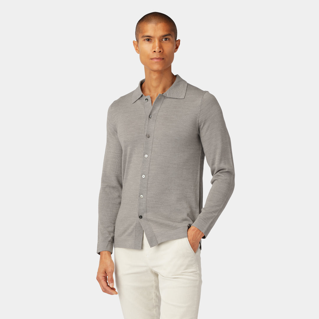 Light grey merino shirt cardigan for men crafted from a premium merino wool blend.