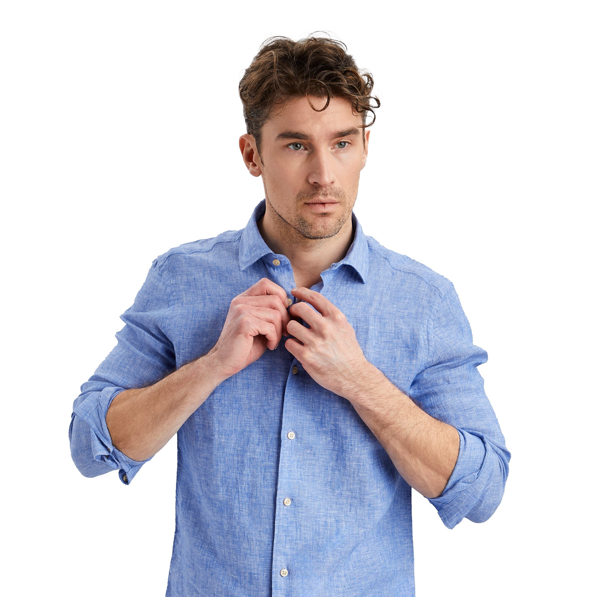 Exklusiv ljusblå linneskjorta i 100% linne med klassisk cutaway krage