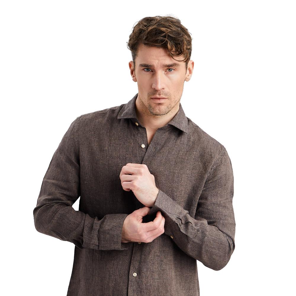 Exclusive dark brown linen shirt in 100% linen with classic cutaway collar