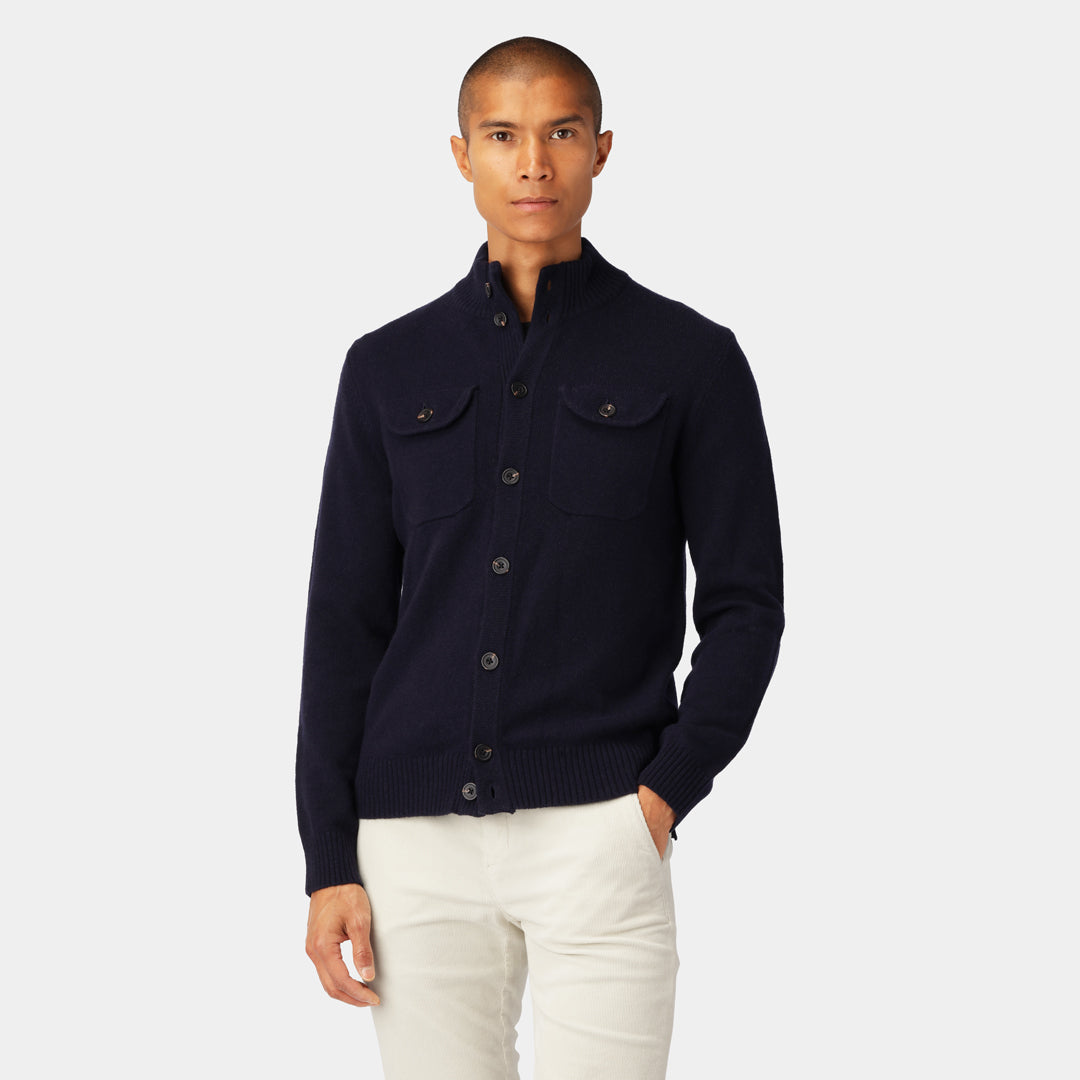 Navy Cardigan for men with chest pocket and button closure, crafted from a lambswool blend.