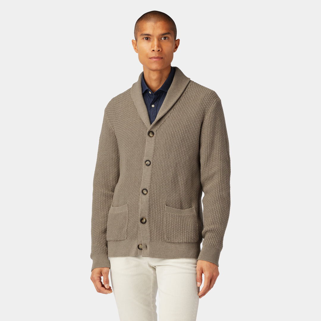 Taupe Cotton Cardigan for men made from 100% cotton, button closure and ribbed hem.